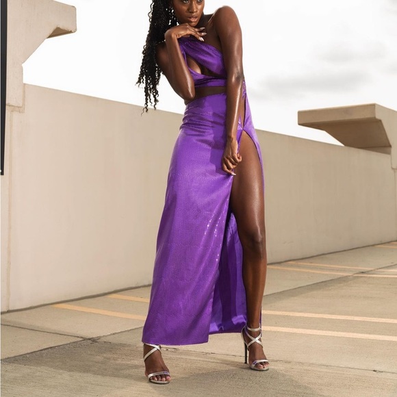 Purple Sequin Cut-out Maxi Dress S-L - Picture 8 of 9